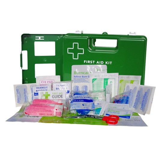 first aid kit with blue plasters
