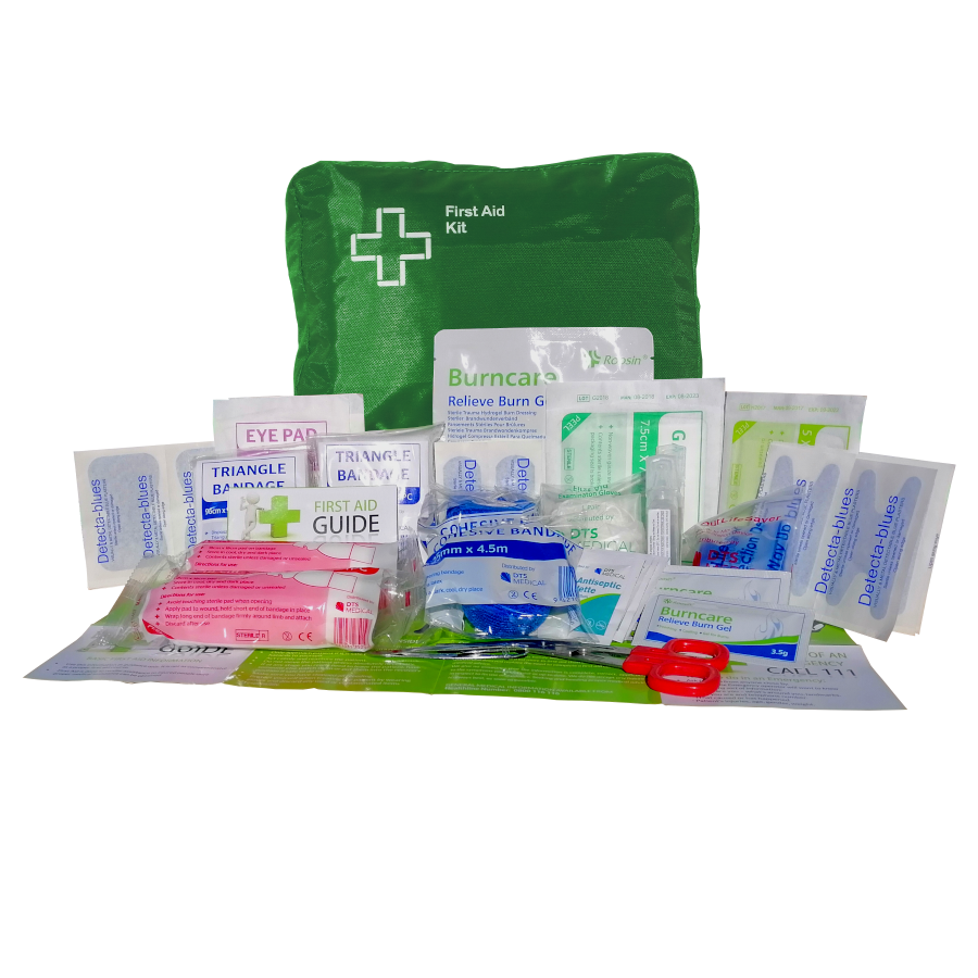 first aid kit with blue plasters