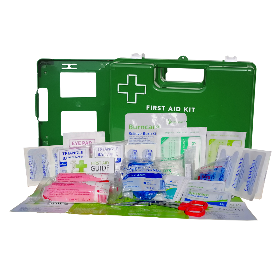first aid kit with blue plasters